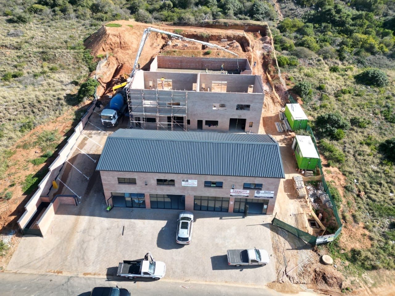 Aerial view of a commercial building site wired by Sky Projects near Mossel Bay